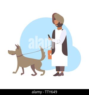 arabic man walking with dog arab character in traditional clothes using smartphone male person having fun with his animal pet best friend concept flat Stock Vector