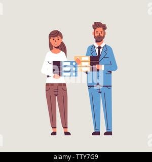 overworked businesspeople man woman holding folder stack couple overloaded coworkers standing together paperwork concept flat full length Stock Vector
