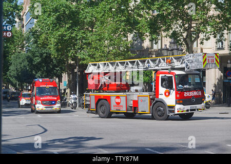 BARCELONA, JUNE 18, 2019: Firetrucks attending a fire emergency  in Barcelona Stock Photo