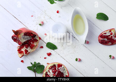 Natural cosmetic ingredients on wooden background, top view Stock Photo