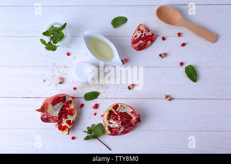 Natural cosmetic ingredients on wooden background, top view Stock Photo