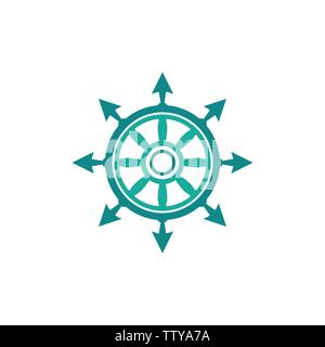fantasy blue helm isolated on white. Ship and boat steering wheel sign. Boat wheel control icon. Rudder label. Nautical vector flat illustration. Stock Vector