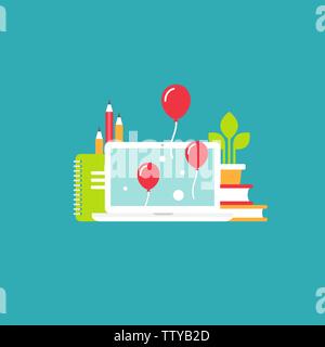 workplace with laptop screen, pen, pencil books and air balloons. workplace isolated on blue background. freelancer, designer, writer job. Vector flat Stock Vector