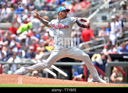 Atlanta, GA, USA. 16th June, 2019. Philadelphia Phillies pitcher Vince Velasquez delivers a pitch during the second inning of a MLB game against the Atlanta Braves at SunTrust Park in Atlanta, GA. Austin McAfee/CSM/Alamy Live News Stock Photo