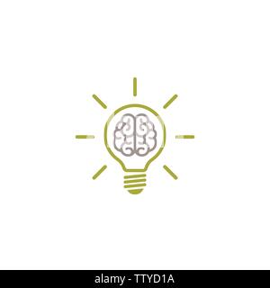 Green bulb with brain and rays flat icon. Isolated on white. New business idea. smart, clever, creative symbol Vector illustration. Knowledge, solutio Stock Vector