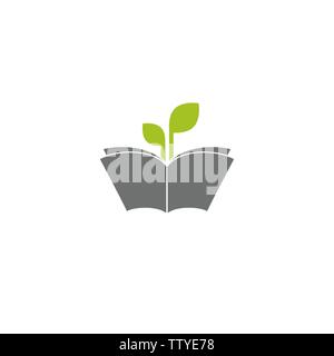 Open book silhouette with green sprigs and leaves. Flat icon isolated on white background. Reading icon. Vector illustration. Study pictogram. Power o Stock Vector