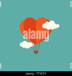 red heart air balloon flying in the blue sky with clouds. Flat cartoon horizontal background. Vector background. Love, romantic card. St. Valentine wa Stock Vector