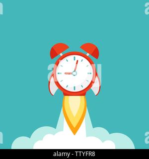 red alarm clock rocket ship with fire and clouds. time, watch, limited offer, deadline symbol. Vector illustration on blue. Time to work. Countdown sh Stock Vector