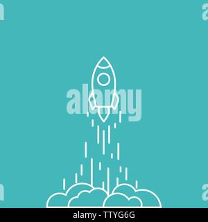 Rocket line ship with fire and clouds. Isolated on blue background. Flat linear vector illustration with flying shuttle. Space travel. Space rocket la Stock Vector