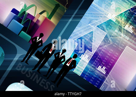 finance pie and bar chart graphs with growing arrow Stock Photo