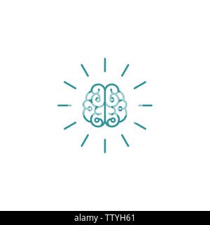 Blue line brain with rays icon. Intellect, phsychology, knowledge simple pictogram isolated on white. Stock Vector