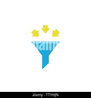 blue data filter with yellow arrow. Flat data funnel icon. isolated on white background. Analytics info, Stock Vector