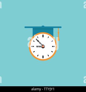 red and white clock with graduation cap or mortar board. flat icon isolated on blue. Stock Vector