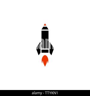 Outline pencil rocket ship with fire. Isolated on white. Flat line icon. Stock Vector