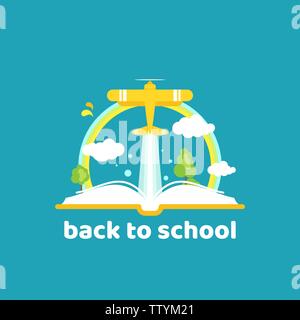 Open book with yellow air plane, clouds and rainbow. Isolated on blue. Vector flat illustration. Stock Vector