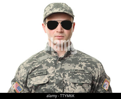 Soldier with sunglasses on white background Stock Photo