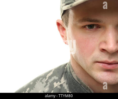 Soldier in camouflage on white background Stock Photo