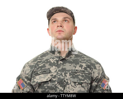 Soldier in camouflage on white background Stock Photo