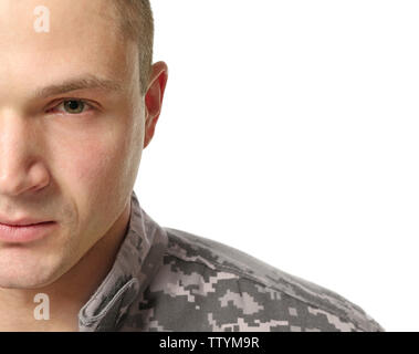Soldier in camouflage on white background, closeup Stock Photo