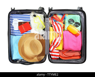 Opened traveler case on white background Stock Photo