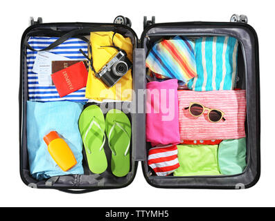 Opened traveler case on white background Stock Photo