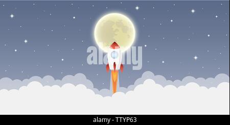 rocket launch into space to the moon in starry sky vector illustration EPS10 Stock Vector