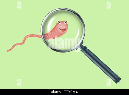 Realistic illustration magnifying glass and red worm. Stock Vector