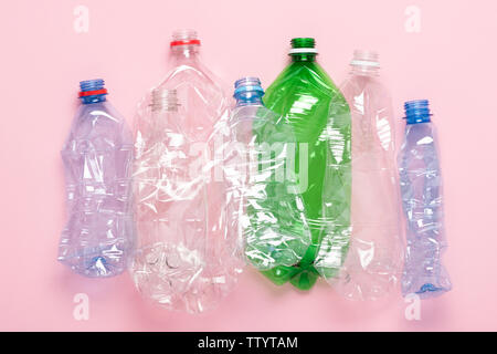 Plastic waste bottles top view. Eco plastic recycling concept. Stock Photo