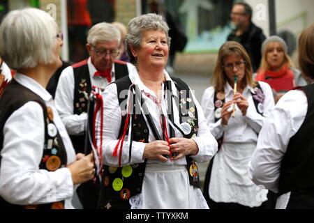 The Stroud Wassail winter festival took place on Saturday around the town, featuring around 450 Morris dancers performing and a procession to the Subs Stock Photo