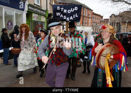The Stroud Wassail winter festival procession which took place on Saturday around the town, featuring around 450 Morris dancers performing and walking Stock Photo