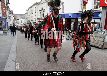 The Stroud Wassail winter festival procession which took place on Saturday around the town, featuring around 450 Morris dancers performing and walking Stock Photo