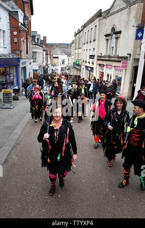 The Stroud Wassail winter festival procession which took place on Saturday around the town, featuring around 450 Morris dancers performing and walking Stock Photo