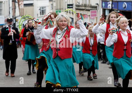 The Stroud Wassail winter festival procession which took place on Saturday around the town, featuring around 450 Morris dancers performing and walking Stock Photo