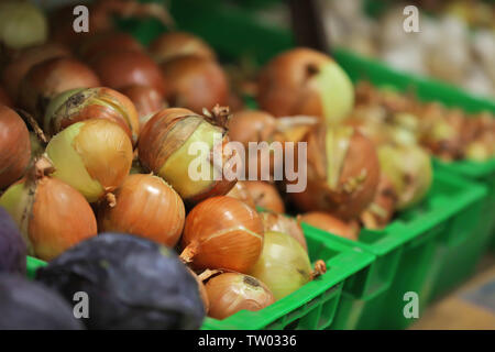 Fresh vegetables in plastic boxes on market Stock Photo