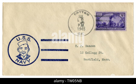 Cotton, Georgia, The USA - 2 July 1945: US historical envelope: cover with a cachet U.S.S. Navy, sailor in uniform, first transcontinental railroad Stock Photo