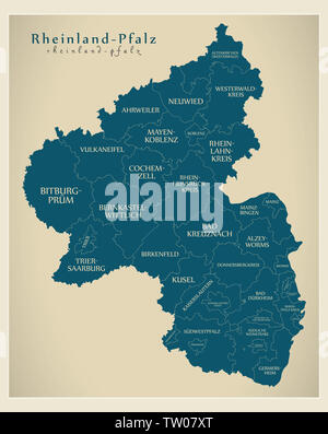 Modern Map - Rhineland-Palatinate map of Germany with counties and labels Stock Photo