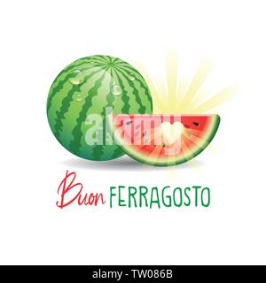 Buon Ferragosto. Happy Summer Holidays in Italian. Italian summer holidays concept with sun and watermelon on white background. Vector illustration. Stock Vector