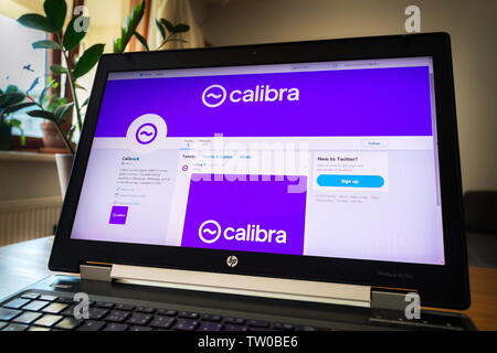 PRAGUE, CZECH REPUBLIC - JUNE 18 2019: Twitter page of the Facebook digital wallet Calibra for cryptocurrency Libra on notebook screen on June 18, 201 Stock Photo