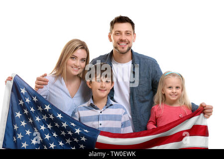 Happy family with American flag on white background Stock Photo