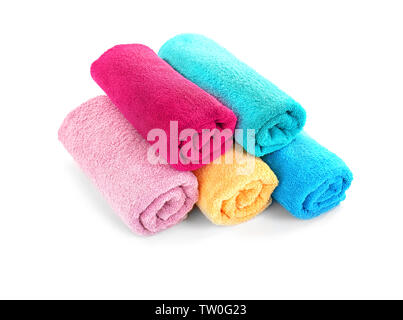 Pile of rolled towels isolated on white Stock Photo