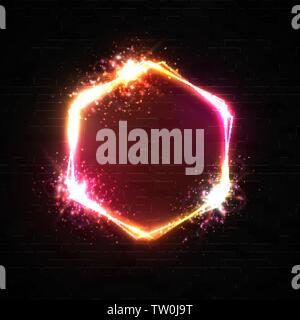 Neon hexagon background. Glowing light banner. Stock Vector