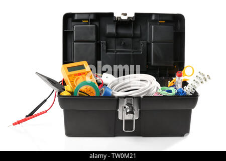 Box with tools on white background Stock Photo
