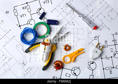 Electrical Instruments Draw Different electrical tools on paper circuit drawing background Stock ...
