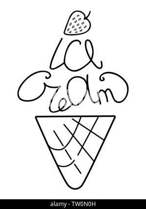 Handwritten lettering Ice Cream. Calligraphic phrase isolated on white background. Creative lettering. Black and white. Ice cream sticker or badge Stock Vector