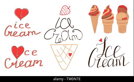 Set of handwritten lettering Ice Cream in waffle cone. Vector elements for labels, logos, badges, stickers or icons. Ice cream typographic for Stock Vector