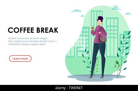 Business woman. Cartoon businesswoman while coffee break, flat style. Landing page concept. Usable for website, homepage. Vector illustration Stock Vector