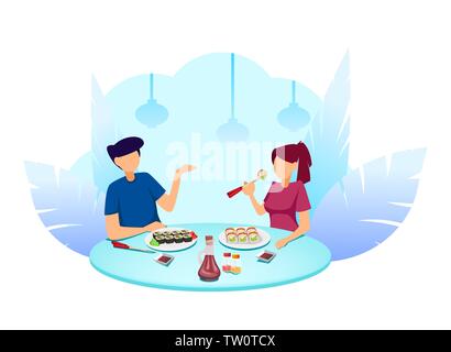 Sushi time. Couple in cafe eating rolls. Vector illustration on white background Stock Vector