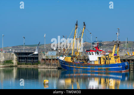 The Trawler Sara Lena BM30 is moored on the quay at the small Cornish fishing village of Padstow. Stock Photo