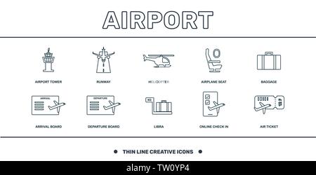 Airport set icons collection. Includes simple elements such as Airport Tower, Runway, Helicopter, Airplane Seat, Baggage, Departure Board and Libra Stock Vector