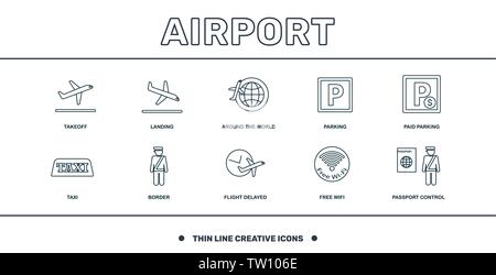 Airport set icons collection. Includes simple elements such as Takeoff, Landing, Around The World, Parking, Paid Parking, Airport Tower and Runway Stock Vector